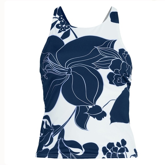 Lands' End Tugless high neck strappy back tankini Navy and White Floral 2 PIECE - Picture 6 of 6